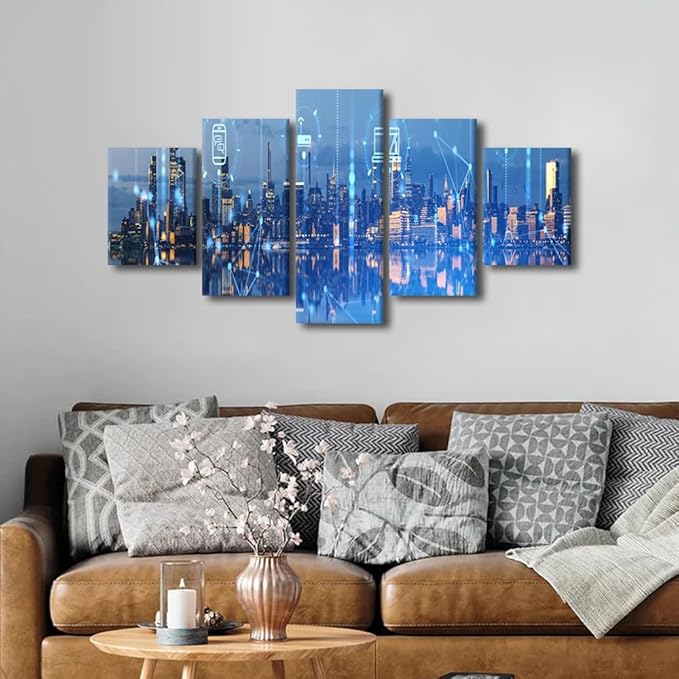 Modern Home Decoration 5 Panel City Landscape Wall Art Wireless Network Picture Canvas Art Internet Companies Office Corridor Wall Decor Men Bedroom Decor Frame and Stretched Ready to Hang 60x32 Inch