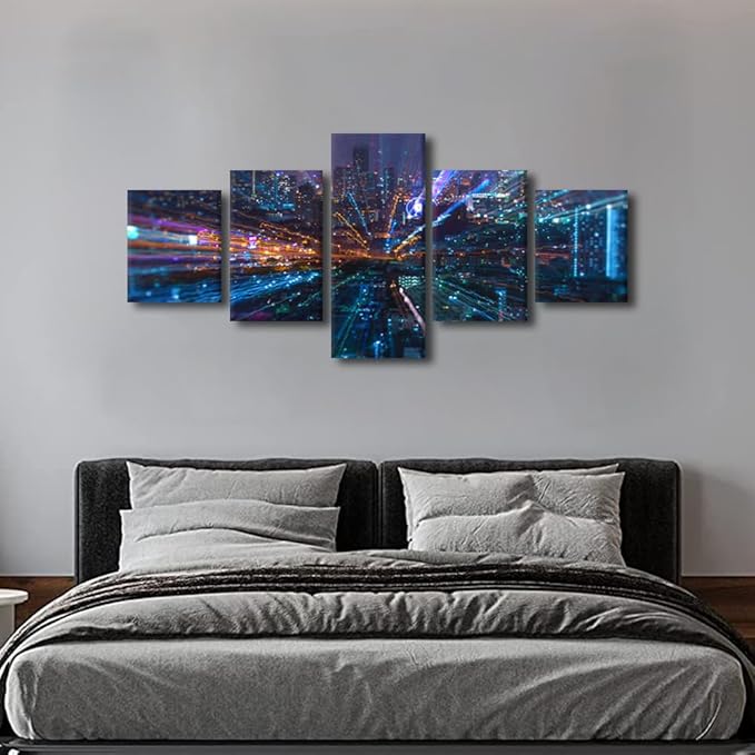 Canvas Wall Art Smart City Home Decoration 5 Panel Big Data Connection Technology Poster Communication Company Wall Decor Office Canvas Art Decorate Frame and Stretched Ready to Hang 50x24 Inch