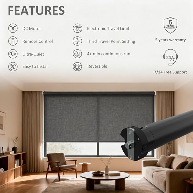 Wired Roller Shade Motor Kit with Remote Control, 35mm Electric Tubular Motor, High Torque Motorized Blinds Retrofit for Zebra, Roman Shades, 110V AC (6.0 N.m for Φ50mm (2") Groove Tube)