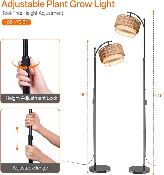 Bstrip 65-72.8 Inches Adjustable Grow Light for Indoor Plants, Boho Rattan & Fabric Shade Standing Grow Lamp, 25W 3000K Full Spectrum LED Plant Light with Auto On/Off Timer