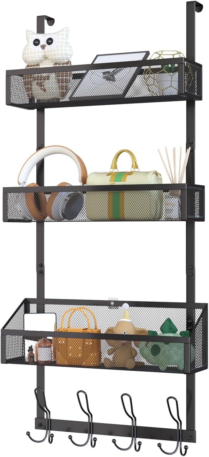 Over The Door Hook Organizer with 12 Hooks & 3 Mesh Baskets – Space-Saving Towel Rack & Storage Hanger for Bathroom, Kitchen, Bedroom, No Drill Door Hooks, Black