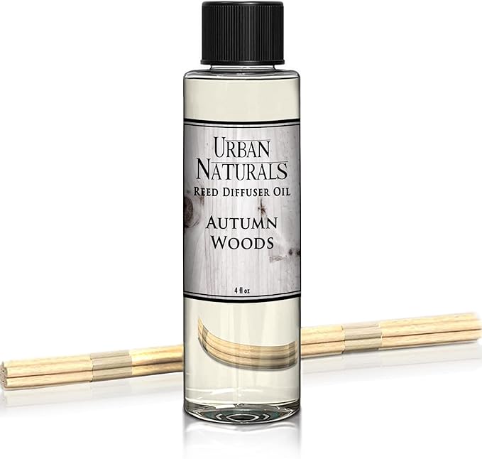 Urban Naturals Reed Diffuser Oil Refill Autumn Woods, Fall Leaves, Cedarwood, Apple Bark, 4 oz + Free Reed Sticks, Made in the USA
