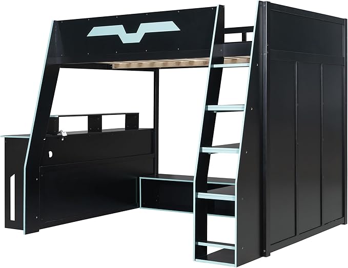 LUMISOL Full Size Wood Loft Bed with Desk and Multi-Storage Shelves, Gaming Loft Bed with RGB LED Lights and Adjustable Desk Placement, Space-Saving Game Bedframe with Under-Bed Storage, Cloud Blue