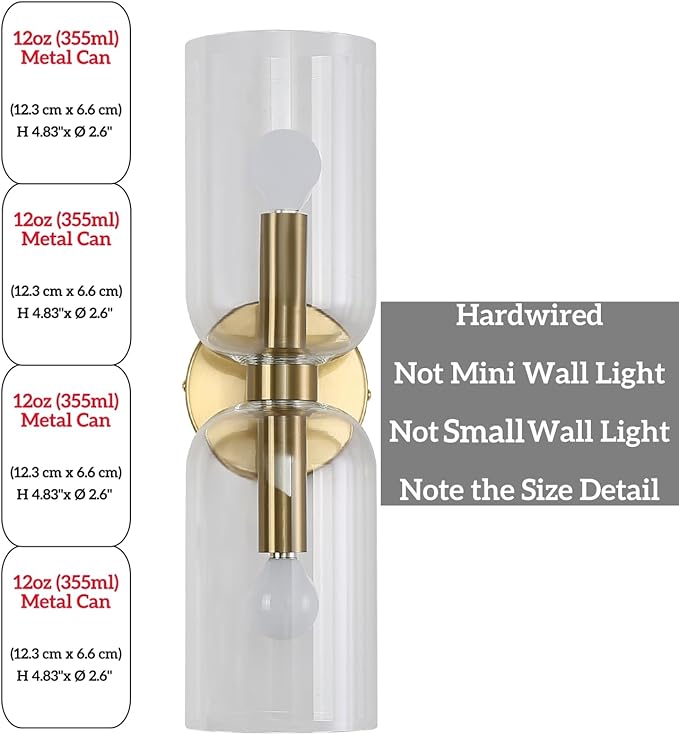 Minimalist 2-Light Gold Wall Sconces with Cylinder Glass Shades- Mid Century Vanity Wall Double Lights Hardwired- Modern Indoor Glass Wall Mounted Art Decor Lights (Clear, 1 Pack)