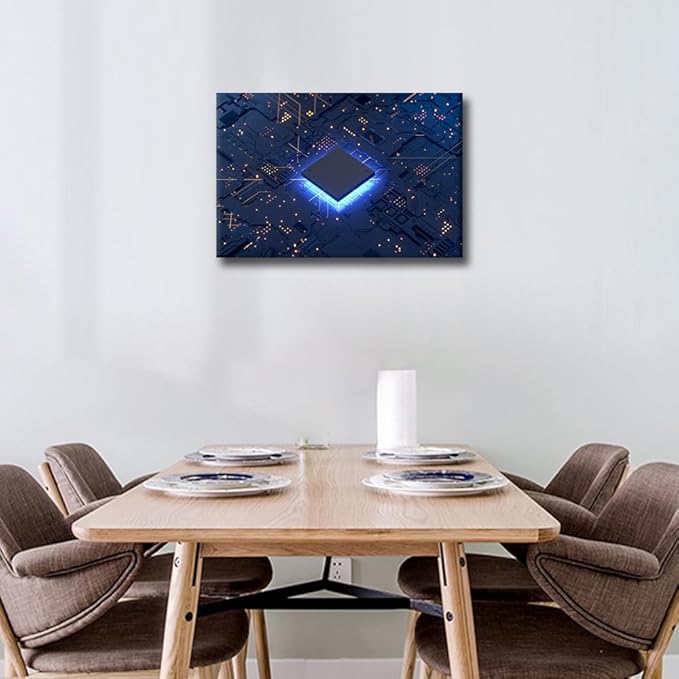 CPU Concept Modern Wall Art Computer Chip House Decorations for Living Room AI Canvas Wall Art Paintings for Bedroom Digital Age Office Decor Artwork Framed Easy to Hang - 18x12in