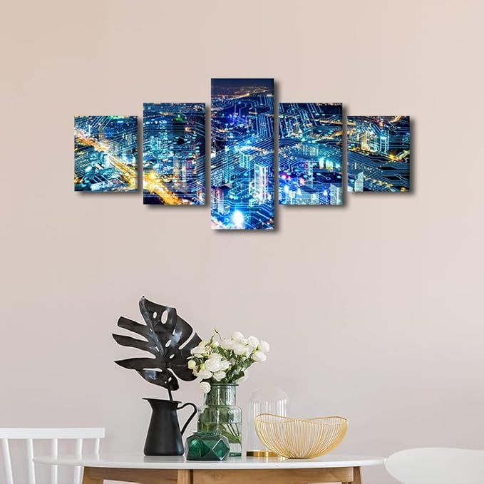 Canvas Wall Art Internet Covered City Posters Modern Smart City Picture 5 Panel Modern Company Decoration Digital Transformation Concept Picture Printing Frame and Stretched Ready to Hang 50x24 Inch