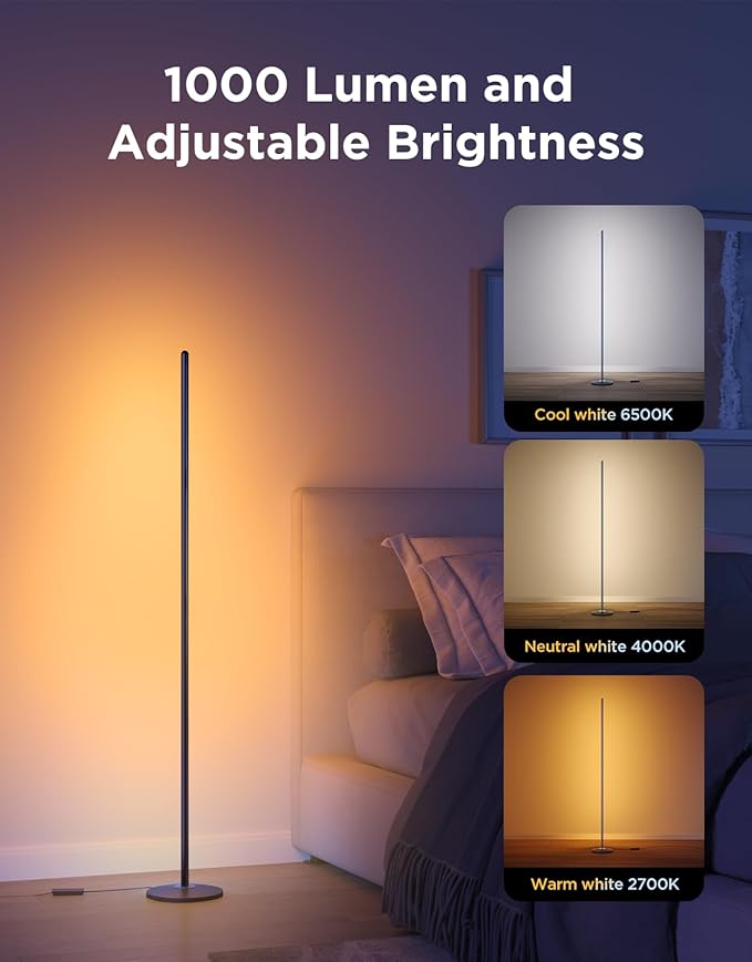 Govee RGBIC Floor Lamp Basic, LED Corner Lamp Works with Alexa, 1000 Lumen Smart Modern Floor Lamp with Music Sync and 16 Million DIY Colors, Color Changing Standing Lamp for Bedroom Living Room Black