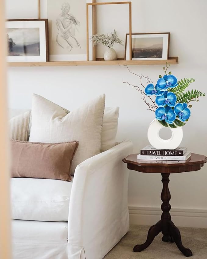 Briful Orchid Fake Flowers 16.1'' Blue Artificial Orchid Silk Flowers with Vase Faux Orchid Arrangement for Home Office Bathroom Desk Modern Decoration