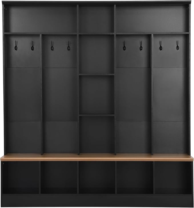 Merax 72'' H Hall Tree with Shoe Storage Bench, Modern Hall Tree with Storage Shelves & 8 Hooks, Coat Rack for Entryway, Mudroom, Hallway, Living Room,Black