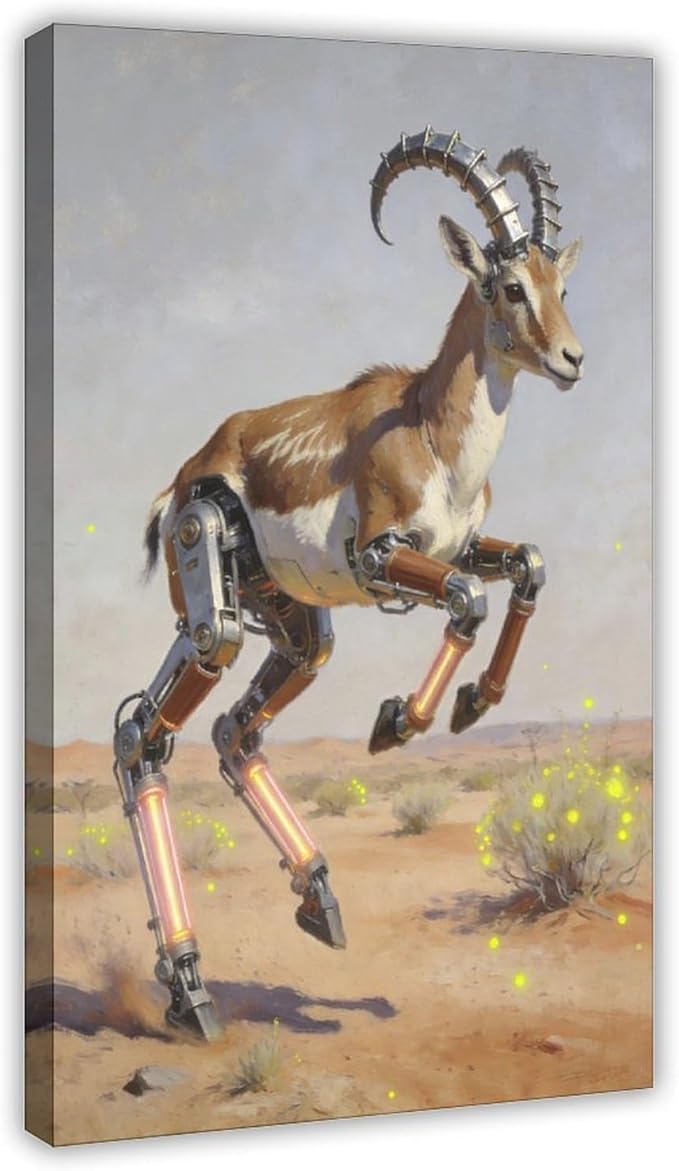Framed Steampunk Mechanical Antelope Wall Art - Desert Futuristic Poster for Loft Living Room Decor 12x18inch(30x45cm)