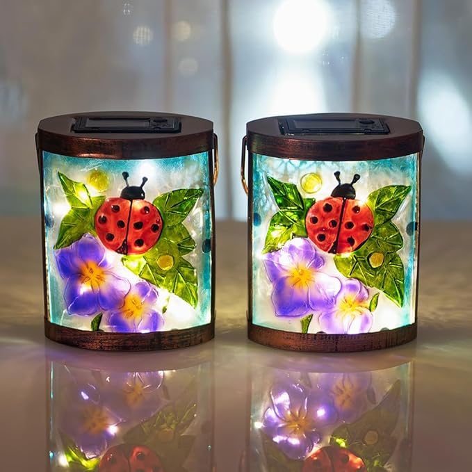 Starsoul 2 Pack Hanging Solar Lantern Outdoor Waterproof Glass Ladybug and Flowers Decorative Solar Lights for Outside Garden Yard Table Patio Decor