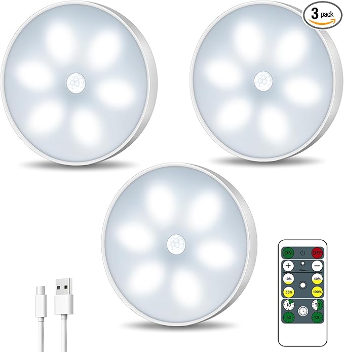 LED Closet Motion Sensor Step Lights, USB Rechargeable Battery Operated Puck Lights, Dimmable Under Cabinet Lighting for Counter,Kitchen,Stairs(3 Pack)