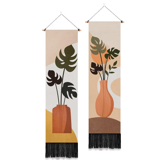 PLIGREAT 2 Pack Bohemia Leaves Tapestry Vertical Plant Tapestry Wall Hanging Vintage Boho Wall Tapestries with Tassels Botanical Aesthetics Long Narrow Tapestries for Living Room Bedroom Home Decor
