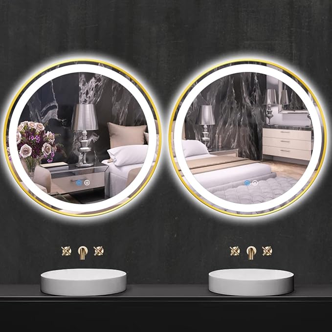 30 Inch Gold Round Vanity Mirror with Lights Gold Frame Circle Lighted Mirror for Bathroom Salon Wall 30" Golden Circle Round LED Light up Mirrors Smart Touch Memory 3 Color Dimmable AntiFog
