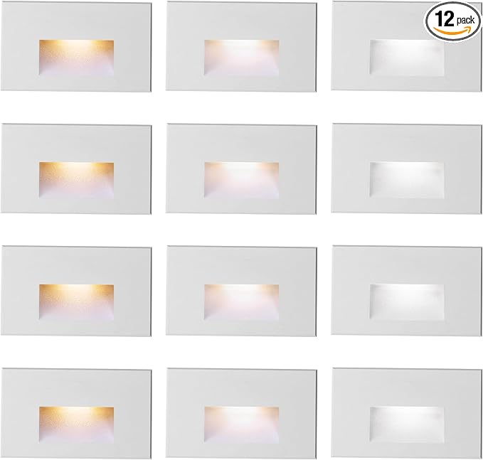 12-Pack Step Lights - Outdoor/Indoor Stair Lights, 12V LED, 3000K/4000K/5000K Color Changing, IP66 Waterproof, Horizontal for Steps