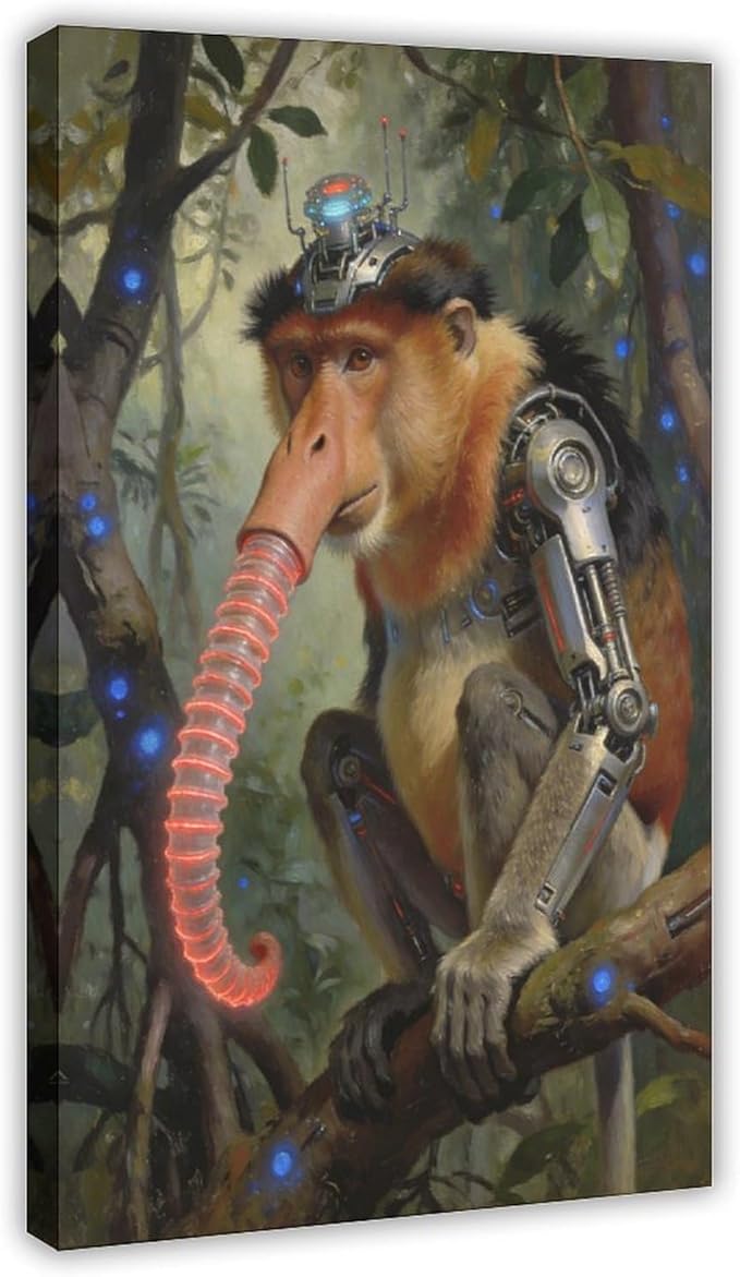 Framed Steampunk Mechanical Proboscis Monkey Wall Art - Jungle Neon Retro Poster for Apartment Leisure Area Decor 20x30inch(50x75cm)