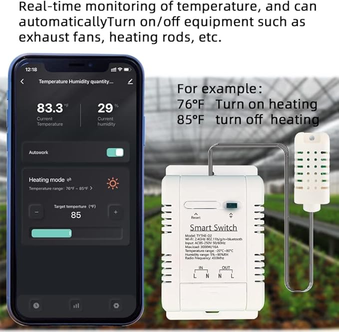 WiFi Wireless Temperature Controller,Include Temperature Probe Sensor ,Tuya app Remote 16A Smart Switch with Energy Consumption Monitoring,Work with Alexa Google (Temperature and Humidity)