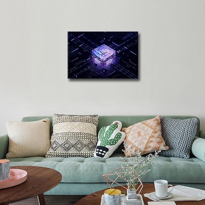 TUMOVO 1 Panel Wall Art Glowing CPU Poster on Canvas, USA Art Paintings CPU Concept Picture Giclee Internet Concept Artwork Prints for Modern Office Home Decoration, 18x12in