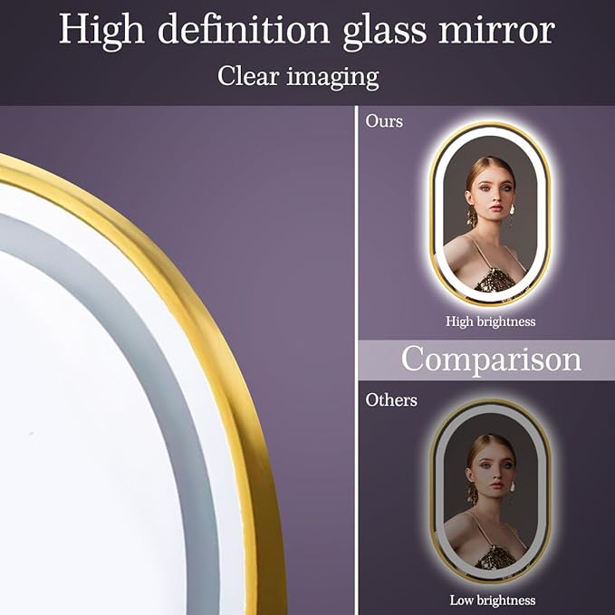 16 x 24 Inch Gold Oval LED Vanity Mirror with Lights Smart Memory 3 Color Dimmable Anti-Fog 24 Inch Gold Frame Oval Lighted Mirror for Bathroom Wall LED Ovals Mirror with Lights Golden Frame