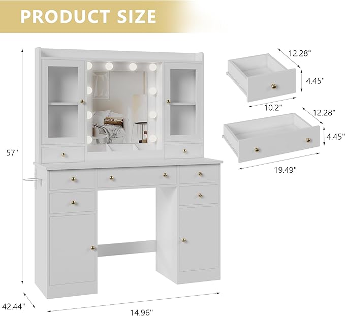 Makeup Vanity Desk with Mirror and Lights, White Vanity Table Set with Storage Drawers, Charging Station & Cabinets, Large Dressing Table with RGB Ambient Light for Women Girls Bedroom Bathroom