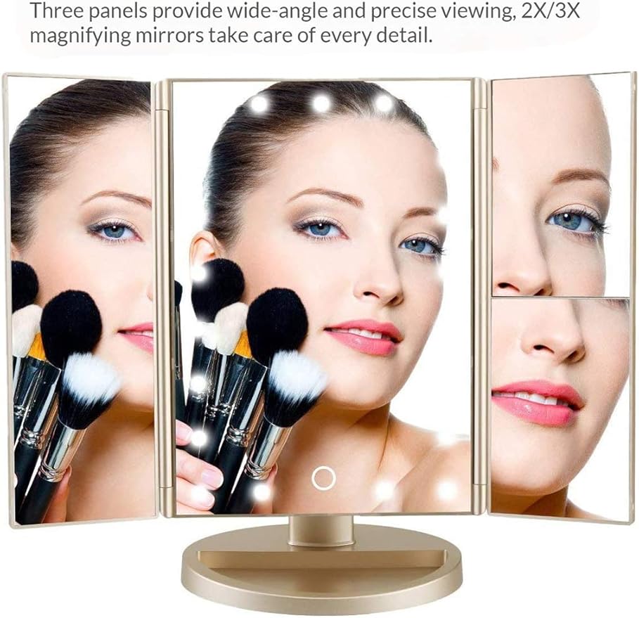 Trifold Makeup Mirror Vanity Mirror with Lights,1X 2X 3X Magnification,Touch Control,Adjustable Rotation,Dual Power Supply,Portable Travel Cosmetic Mirror,Birthday Gifts for Women,Teengirls