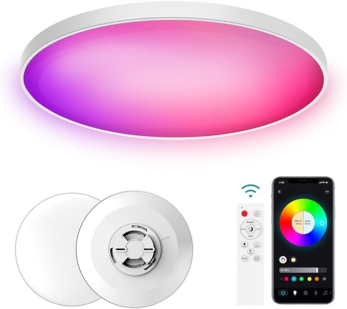 Smart Ceiling Light 30W, 12IN RGBWW LED Panel Light with App & Remote Control, 16M Colors & White (2700K-6500K), Music Sync, Works with Alexa & Google Assistant, for Bedroom, Kitchen, Living Room