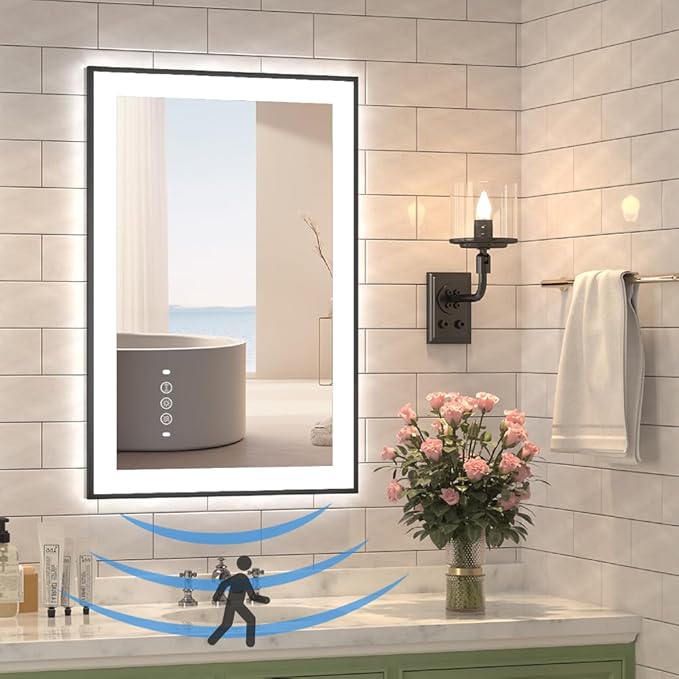 20 x 28 Inch LED Bathroom Mirror with Lights, Front & Back Lit Mirrors for Bathroom Wall Mount, Aluminum Black Frame Decor, Anti-Fog, Dimmable 3 Colors, Shatter-Proof Tempered Glass, Motion Sensor