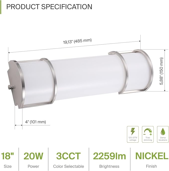 ASD LED 18" Vanity Flush Mount Light Fixture, Linear Bathroom Lighting Bar | 3CCT, Dimmable, ETL Listed | 20W 2300LM 3000-5000K 100-277V | Long Tube Bath Wall Sconce Over Mirror | Nickel