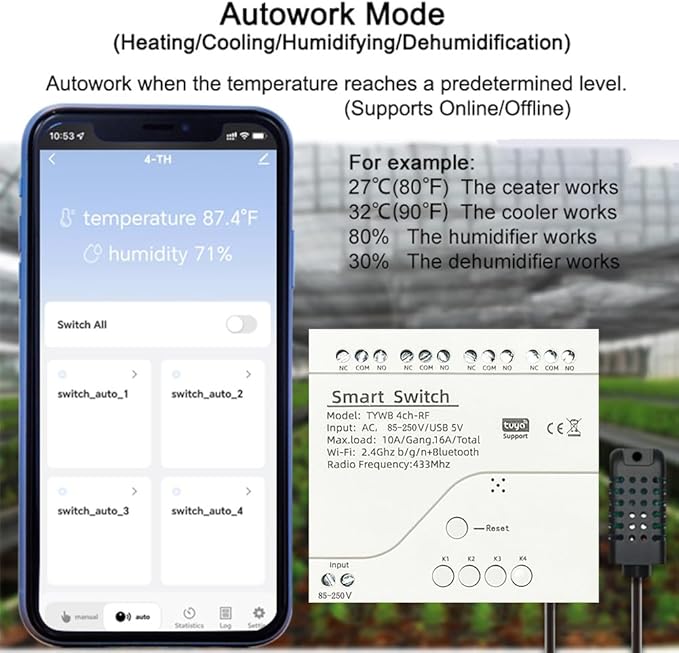 Tuya WiFi Smart Temperature Sensor Controller, 4CH 85-250V Relay Switch, Remote Voice Control, APP Remote Control, Dry Contact, Real-Time Monitoring, Compatible with Alexa and Google Home