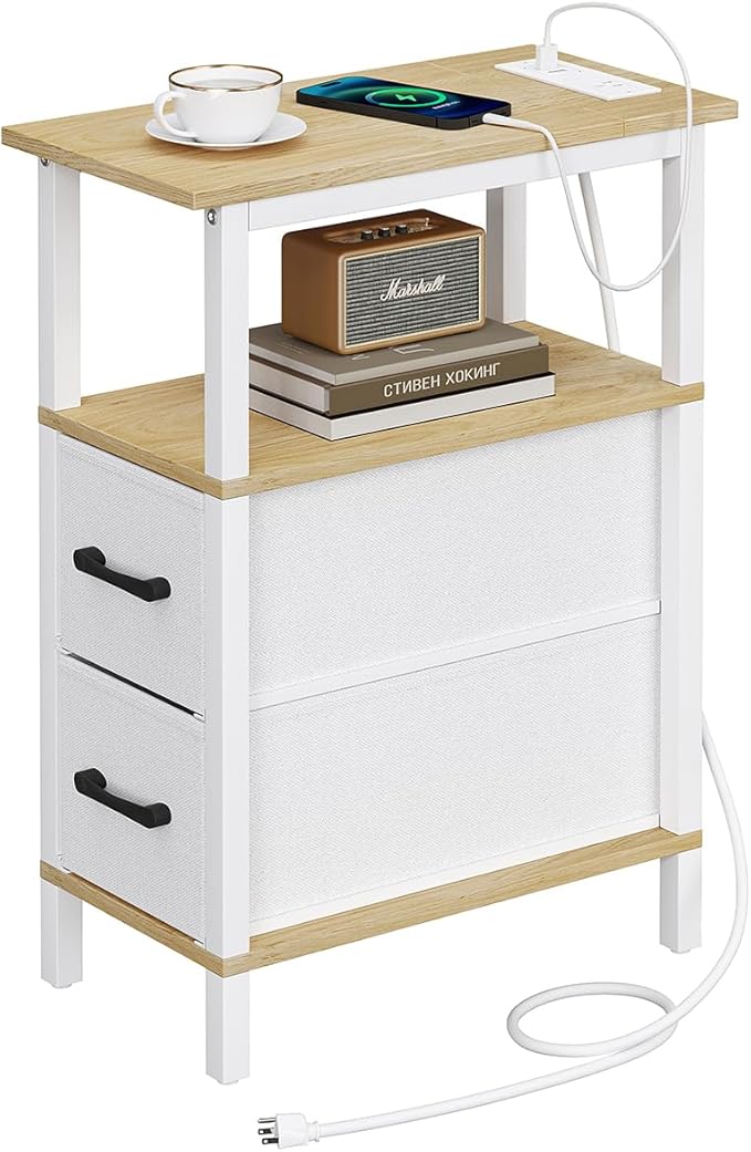 Narrow Side Table for Small Spaces, Skinny End Table with Charging Station, Sofa Beside Table with 2 Fabric Drawers and 1 Open Compartment, Slim Nightstand with USB Ports Outlet, White and Nature Wood