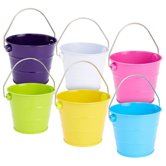 Juvale Tiny Metal Buckets with Handles - Stackable Pails for Home & Kitchen Organization - Metal Tins for DIY Craft Storage - Bulk Pails for Classroom Organization - Pack of 6 Multicolor, 3.25"x 2.75"""