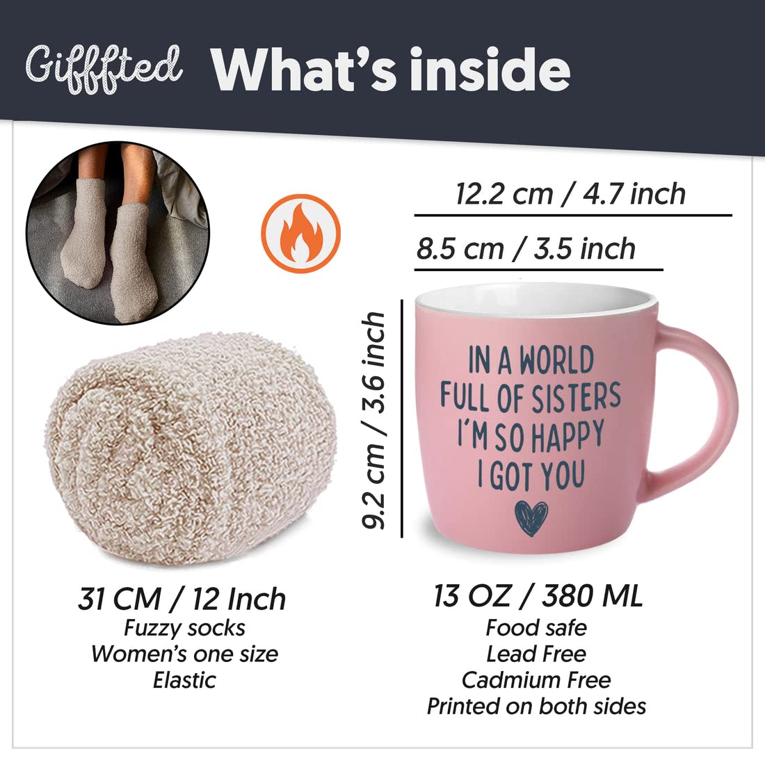 Triple Gifffted Best Sister Ever Coffee Mug & Socks, Gifts for Little Big Sisters from Brother, Birthday Presents Ideas, Valentines, Mothers Day, Christmas, to younger older sibling, Ceramic Cup 380ML