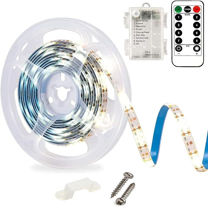 LED Strip Lights Battery Operated, 9.8ft 90 LED Strip Lights with Remote Control Timer Dimmable, Waterproof Flexible Lights Strip for Indoor Outdoor Table Bedroom Boat Kitchen - White