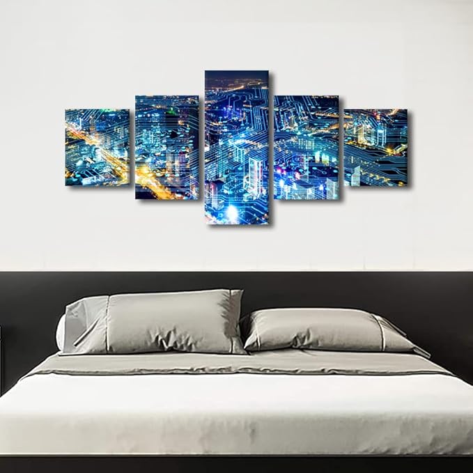 Canvas Wall Art Internet Covered City Posters Modern Smart City Picture 5 Panel Modern Company Decoration Digital Transformation Concept Picture Printing Frame and Stretched Ready to Hang 50x24 Inch
