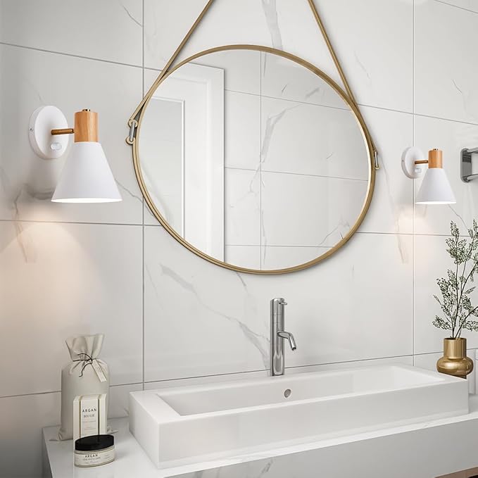 ClanKin Wall Sconces Lighting, White Wood Style Wall Sconce Reading Lamp, Adjustable Wall Light for Bedroom Hallway Living Room (White-Hardwired, 1)