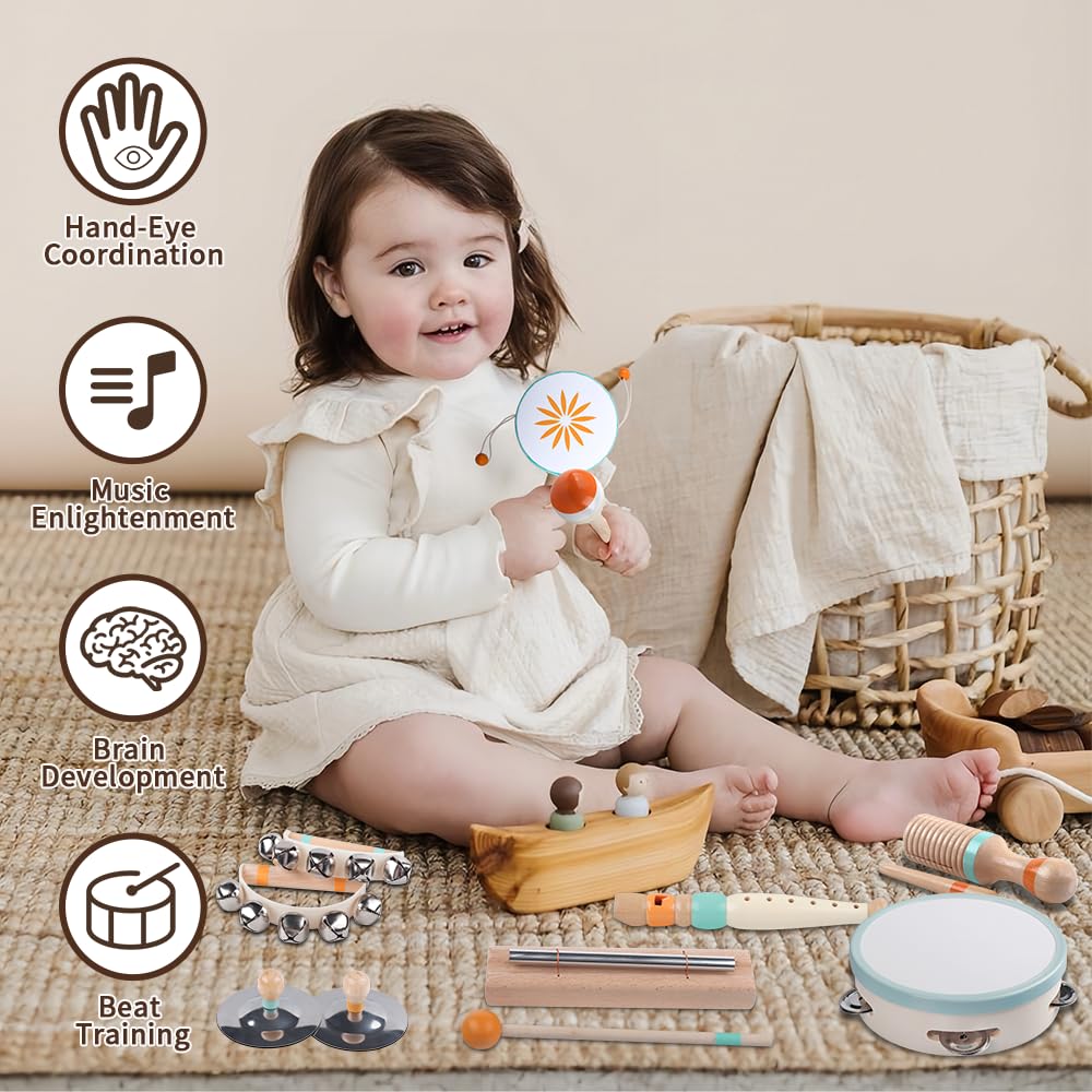 Toddlers Musical Instruments-Baby Montessori Wooden Musical Toys for Toddlers 1-3 Year Old,Kids Percussion Instruments Toy for Preschool Kids,Christmas Birthday Gift for Baby Boys Girls