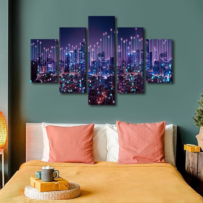 Sense of Technology Wall Art 5 Panel Modern City Poster Line Network Technology Picture Abstract Point Canvas Art Purple Cityscape Poster Native Americans Home Decor Framed Ready to Hang 60x40 Inch