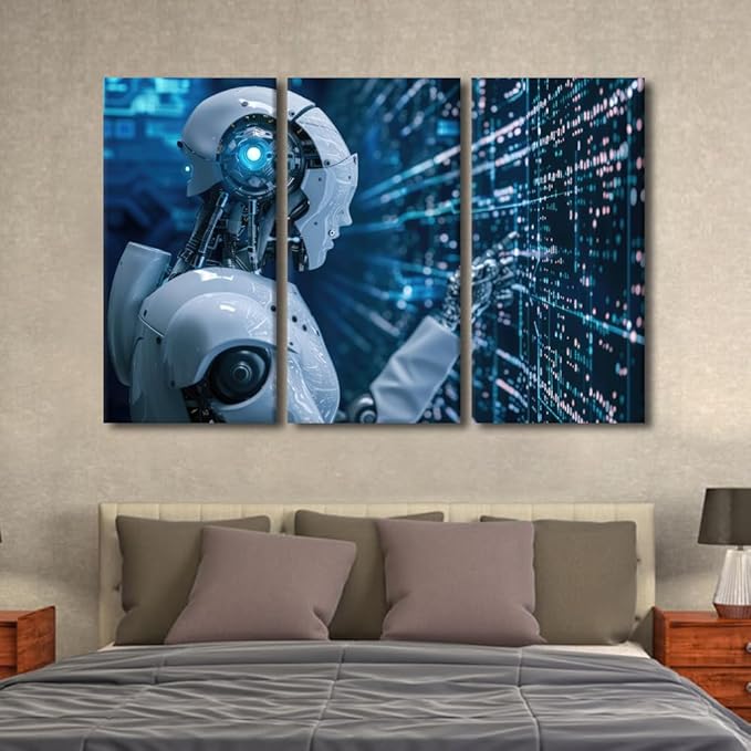 TUMOVO 3 Pieces Canvas Wall Art - Robot Pictures for Home Wall Decor AI Intelligence Canvas Painting Wall Art Big Data Analysis Artwork Giclee Gallery-wrapped Framed Ready to Hang, 60" Wx40 H