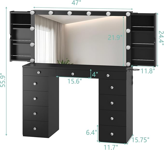 Likein Vanity Desk with Mirror and Lights,Black Vanity with Jewelry Storage Cabinet,Makeup Dressing Table for Bedroom with 11 Drawers, Power Strip, Crystal Knobs,3 Color Lighting Modes for Women,Girls