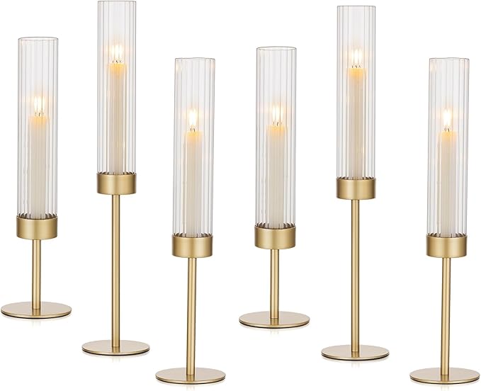 Hewory Gold Hurricane Candle Holders: Brass Candlestick Holders Set of 6 Tall Taper Candle Holders for Candlesticks Candle Sticks Holder Decor for Table Centerpiece Wedding Party Christmas Decorations