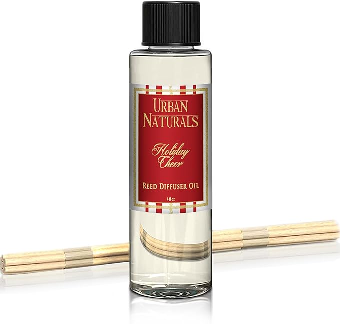 Urban Naturals Reed Diffuser Oil Refill, Holiday Cheer Diffuser Oil with Cranberry, Cinnamon, Evergreen, 4 oz + Free Reed Sticks, Made in the USA
