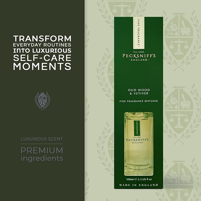 Pecksniff's Prestige 100 ml/3.3 fl oz Square Reed Diffuser Set, Oudwood & Vetiver