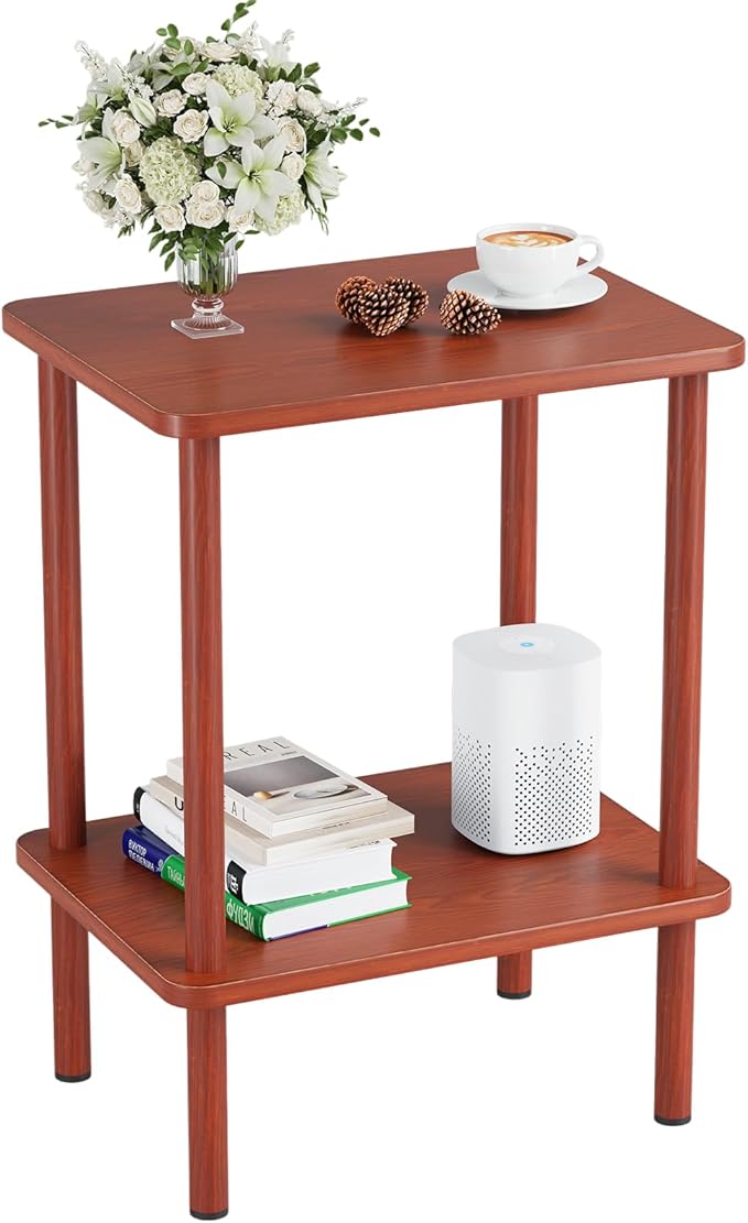 Apicizon 2 Tier End Table, Small Side Table with Solid Wood Legs, Boho Bedside Table with Storage Shelf, Nightstand for Small Spaces, Bedroom, Living Room, Entryway, Easy Assembly, Vintage Brown