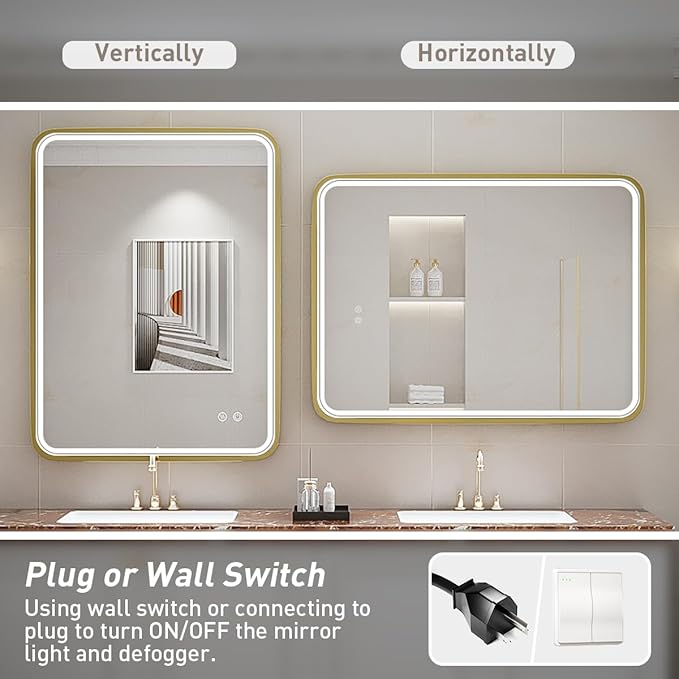 24X32 Inch LED Bathroom Mirror with Lights,Gold Framed Wall Mounted Lighted Vanity Mirrors,Anti Fog Design&Dimmable&Touch Switch,Light up Mirror (Horizontal/Vertical)