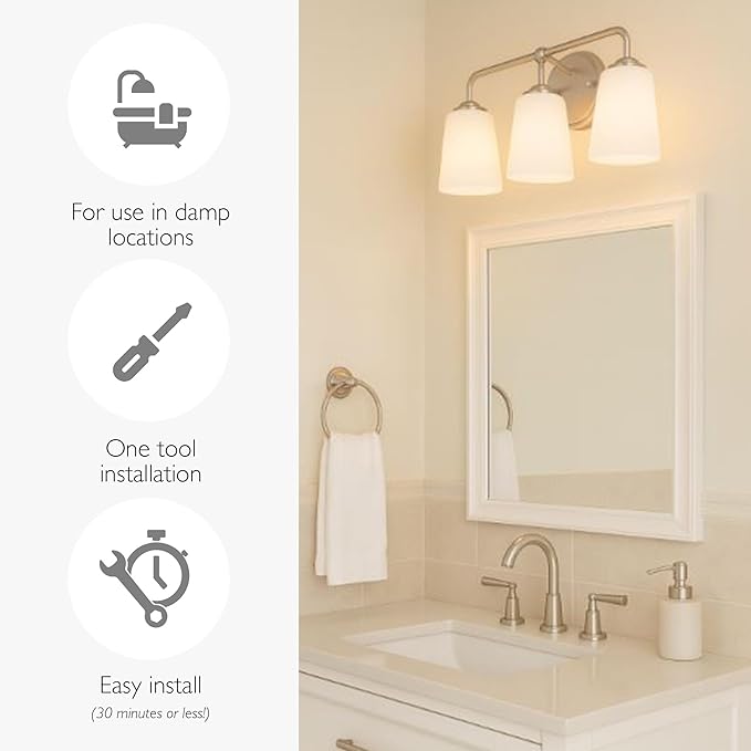 Design House Stasia Vanity Light, 3-Light, Sleek Modern Arms, Frosted Glass Glow, Dimmable, Dual-Mount Option, E26 Socket, Satin Nickel, 23.8 in L x 6.7 in W x 11.0 in H, 589291