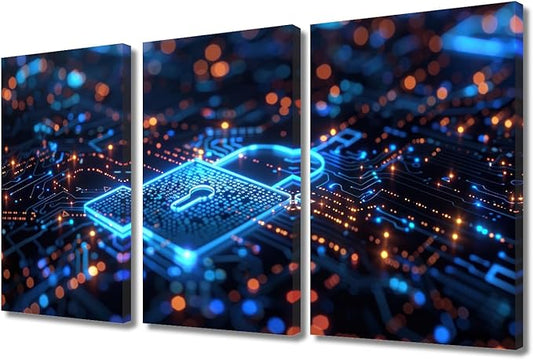 3 Pieces AI Wall Art AI Intelligence Picture Prints on Canvas Giclee Artwork Wall Decor Security Lock Symbol Framed Art Prints Modern Home Office Room Wall Decor Stretched Ready to Hang, 36" Wx24 H