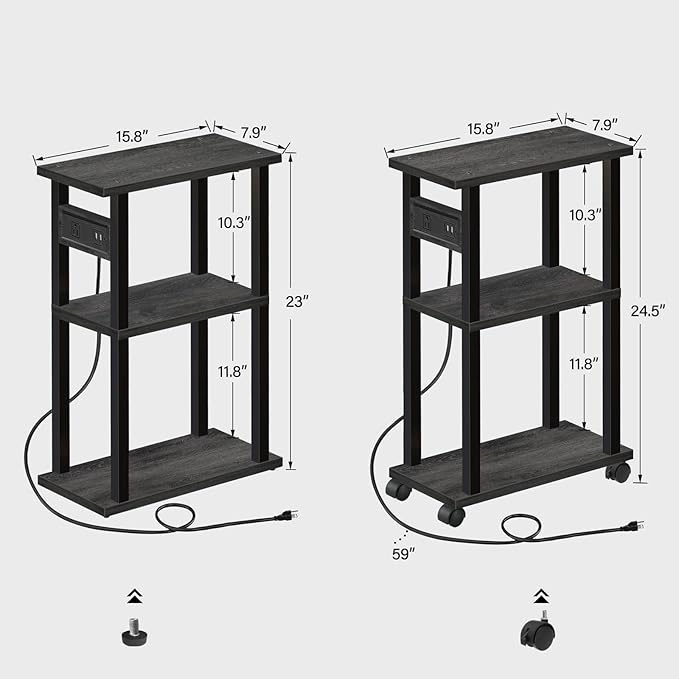 TUTOTAK Small Narrow Side Table with Charging Station, Skinny End Table for Small Spaces, Slim Nightstand with USB Ports and Outlet, Sofa Beside Table with Wheels, Charcoal Grey TB01BY046