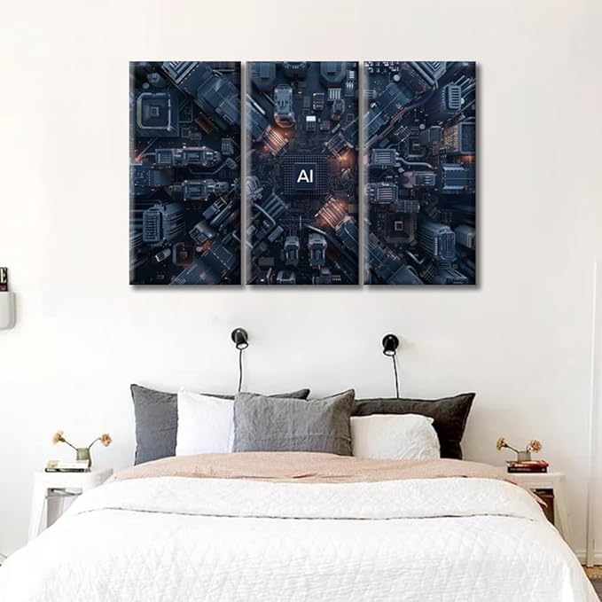 Large 3 Piece Canvas Wall Art 3D Technology Motherboard Pictures Art Paintings AI Advanced Circuitry Modern Home Decor Print for Home Living Room Dining Room Office Framed Ready to Hang 60"Wx40"H