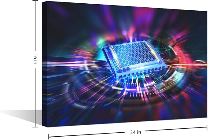 AI Canvas Wall Art for Bedroom Living Room Computer Chip Modern Home Decor CPU Concept Painting Pictures Futuristic CPU Office Wall Decor Contemporary House Artwork Frame Ready to Hang, 24x16in