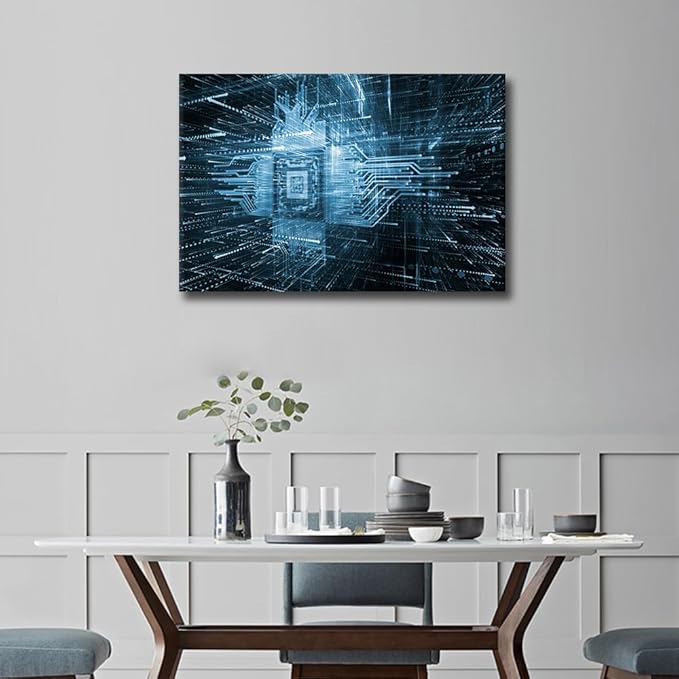 TUMOVO CPU Symbol Modern Wall Art AI Abstract Picture Futuristic CPU Contemporary Artwork Print On Canvas Digital Age Bedroom Wall Art Pictures for Living Room Framed Ready to Hang, 36x24in